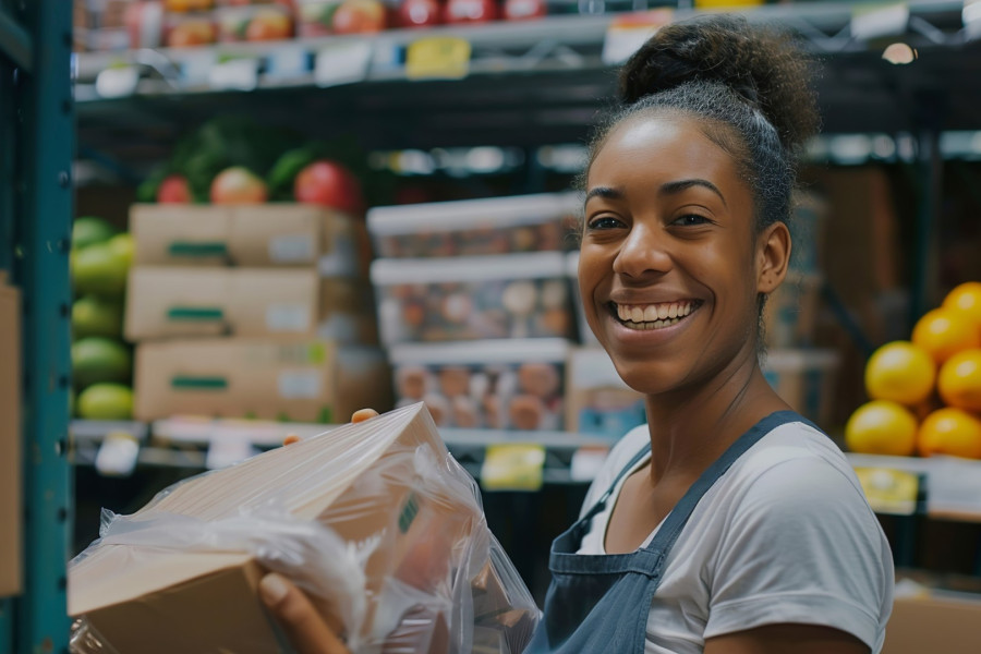 Woman smiling while stocking food